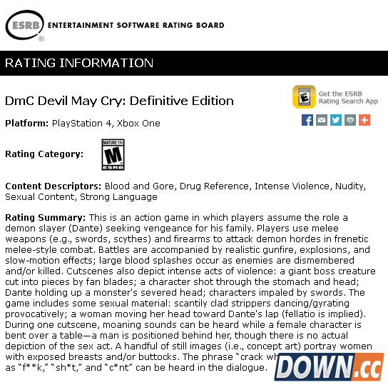 ESRB对《鬼泣4：特别版》的评级原文