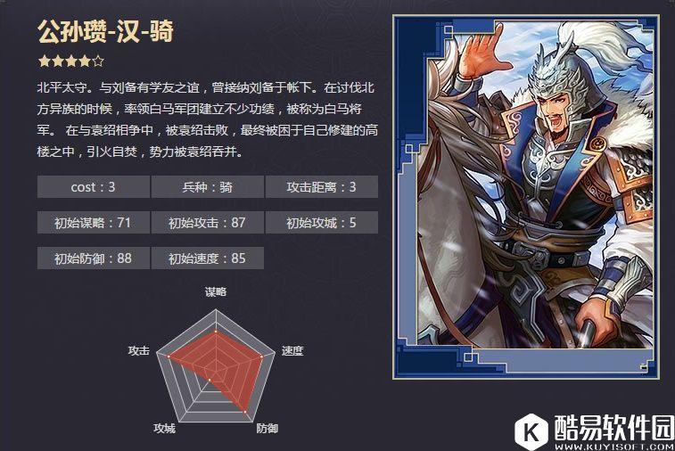 率土之滨四星公孙瓒 北平太守北疆白马