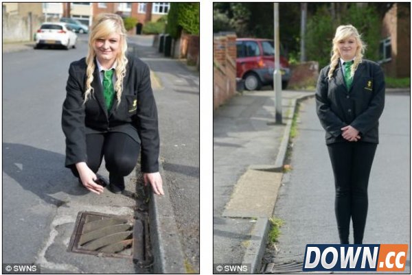 为捡回苹果手机，英国小胖妞困在下水道口