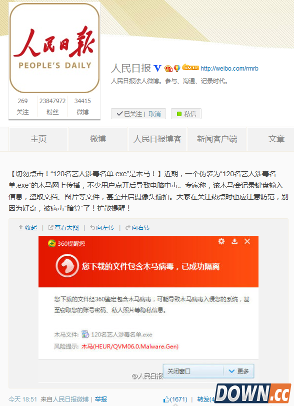 人民日报提示预警 120名艺人涉毒名单系木马