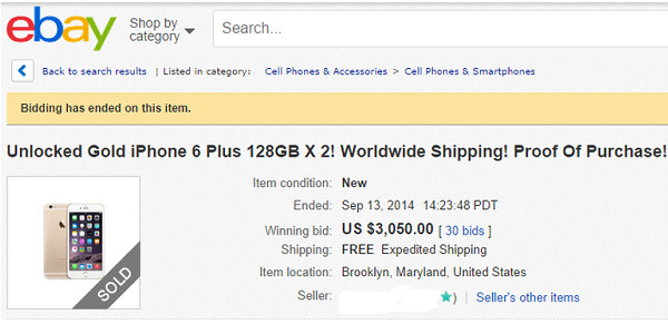 两台128GB金色iPhone6 Plus裸机拍卖出3050美元