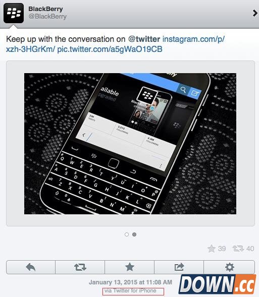 黑莓自打脸：官方推特竟用iPhone发帖